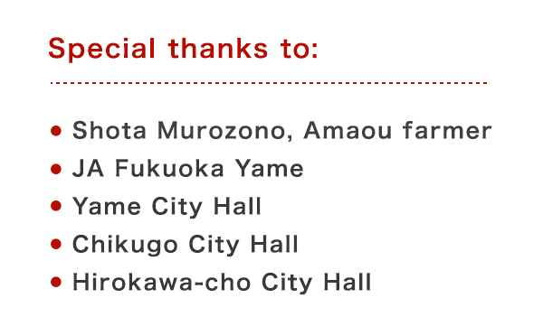 Special thanks to: ・Shota Murozono, Amaou farmer  ・JA Fukuoka Yame ・Chikugo City Hall ・Hirokawa-cho City Hall ・Yame City Hall