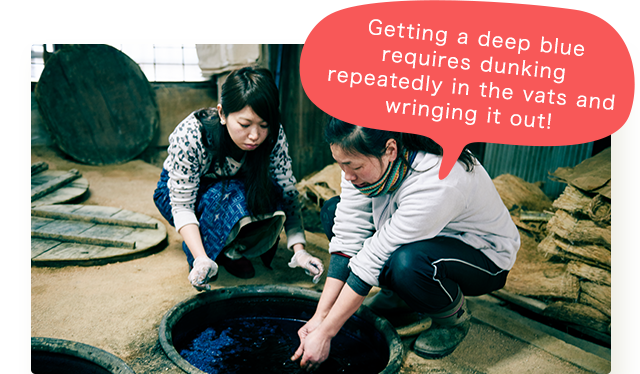 Getting a deep blue requires dunking repeatedly in the vats and wringing it out!